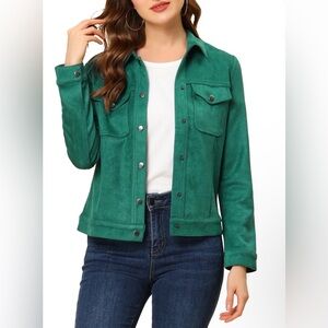 NEW Allegra K Womans Dk Green Faux Suede Turn Down Collar Snap Tucker Jacket (M)